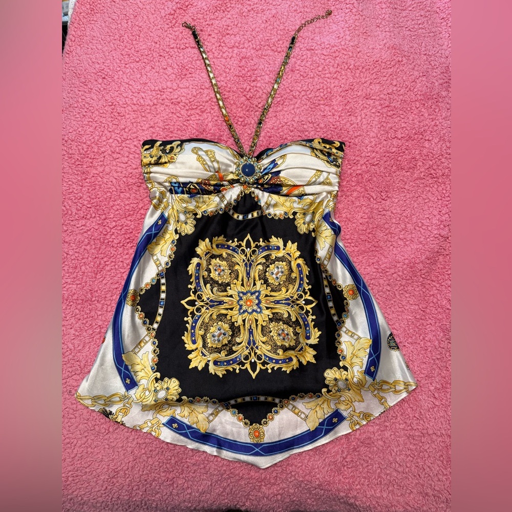 Cache Silk Blend Strapless Top with Gold and Blue Accents